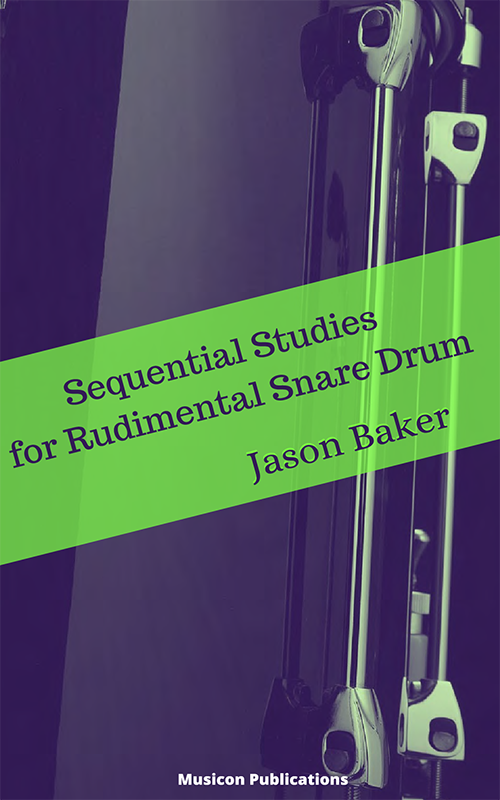 Sequential Studies for Rudimental Snare Drum by Justin Baker. Close up image of snare drum with lime green highlights