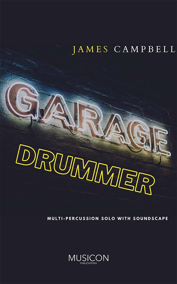 Title "Garage Drummer" in neon lights on a dark wall